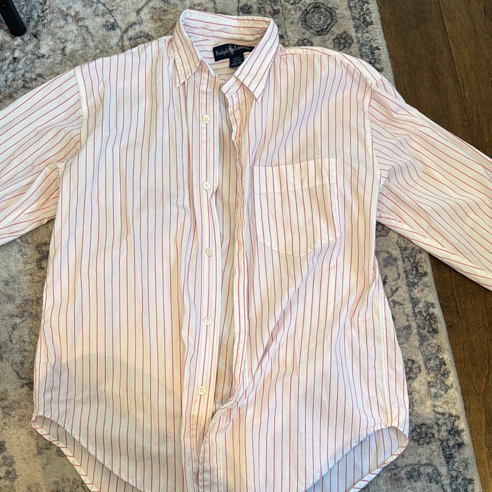 Ralph Lauren Women's Pink and White Striped Button-Down Shirt